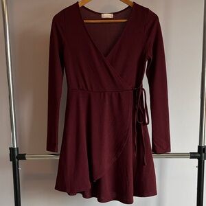 altar’d state Women’s Small Wrap-Front Long Sleeve Dress in Deep Wine